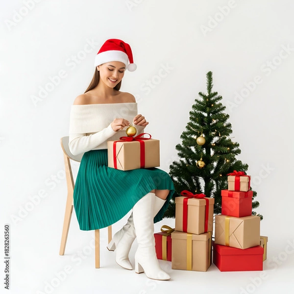 Obraz santa girl with gift boxes on white background