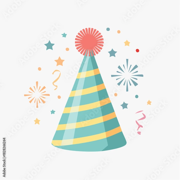 Fototapeta Festive striped party cone with confetti and fireworks for a celebration