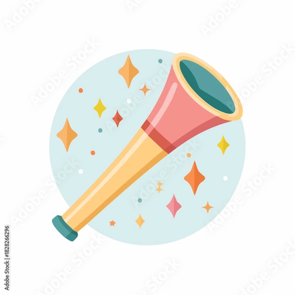 Fototapeta Colorful Cartoon Telescope on a Blue Background with Sparkles and Stars