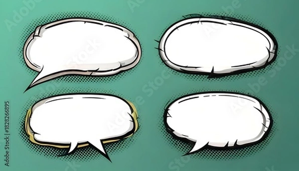 Obraz Collection of four blank speech bubble graphics on a teal background, perfect for comic book dialogue or creative text placement