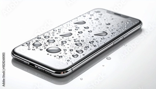 Fototapeta 水に濡れて水滴がついたスマートフォン　スマホの画面の防水、撥水、水濡れ