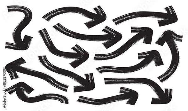 Fototapeta  Set of bold brush drawn curved arrows. Hand drawn vector direction pointers. Curved and wavy brush strokes with scratches. Hand drawn different straight lines with angles, with bold arrows.
