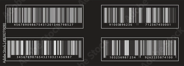 Fototapeta Bar code vector cartoon icon set. Simple fake bar code. Barcode product distribution icon. Universal code for scanning product or item.  Retail business, shopping, and logistics technology concept.