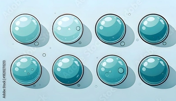 Obraz Set of shiny blue-green water droplets or bubbles, reflecting light and casting soft shadows, symbolizing cleanliness, freshness, and the pristine quality of clear liquid elements