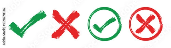 Fototapeta Grunge chalk mark set with circle. Green brush stroke check mark, tick, cross symbols, green tick and red cross. Hand drawn checklist, flag, square signs in sketch and marker style.