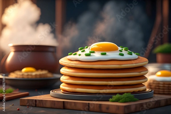 Fototapeta Golden Sunrise Pancake Stack With Fried Egg & Green Herbs