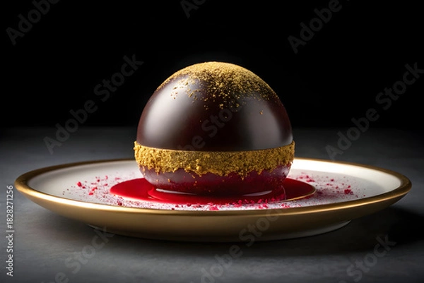 Fototapeta Premium Chocolate Glazed Dessert Sphere With Berry Sauce
