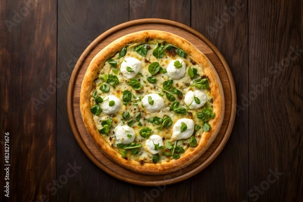 Fototapeta Rustic Green Veggie Pizza With Creamy Cheese Topping