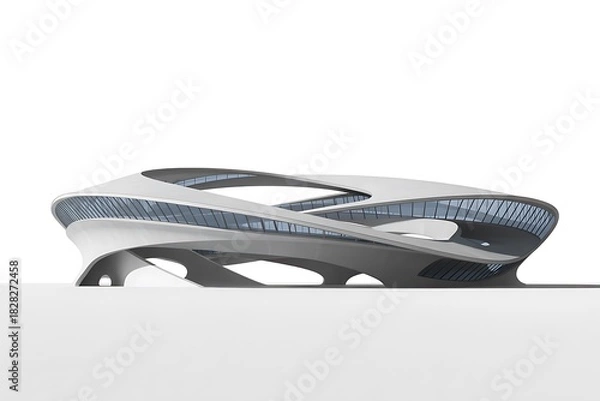 Fototapeta Spectacular futuristic architectural design with flowing curves and glass windows, radiating innovation and modern elegance for visionary urban planning projects