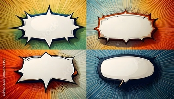 Obraz Collection of four blank comic book style speech bubbles with radial background effects