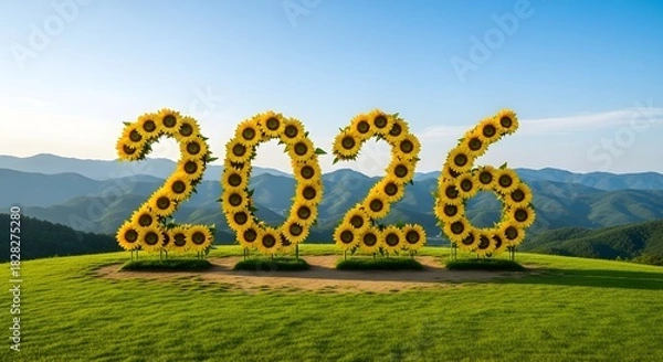 Fototapeta Sunflowers arranged as the year 2026 on a hilltop