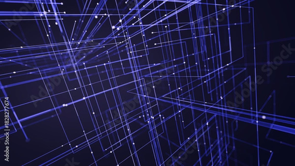 Fototapeta Digital network visualization with angular blue grid lines and glowing dots on dark background,