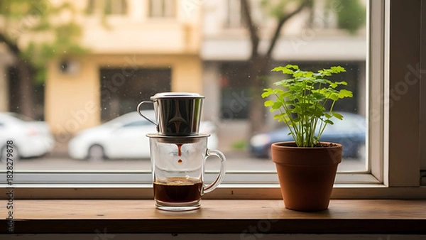 Obraz Vietnamese Coffee Preparation A Window-Side View of Tradition and Taste