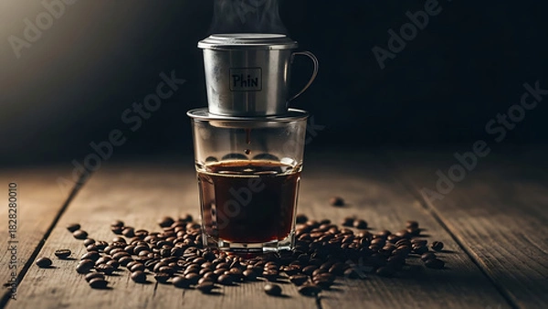 Obraz Traditional Vietnamese coffee brewing method with a metal phin filter, with hot steam rising from the drip process onto a rustic wooden table surrounded by roasted beans