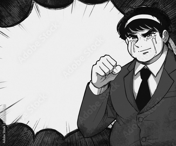 Obraz レトロ熱血漫画風・大声で応援するスーツの男性イラスト