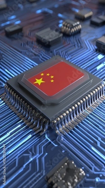 Obraz Modern computer chip featuring the flag of China with intricate circuitry in the background