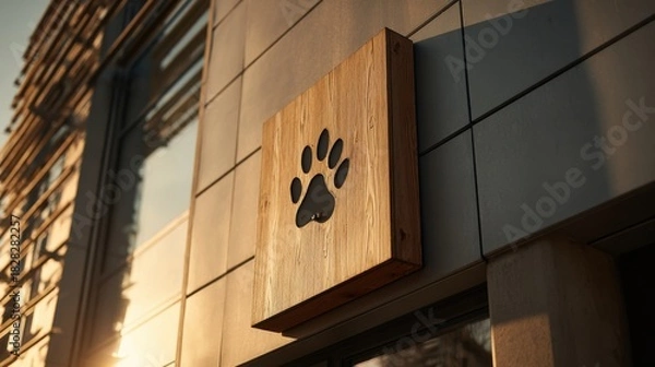 Obraz Wooden paw print sign hanging on a modern building facade during the golden hour evening light