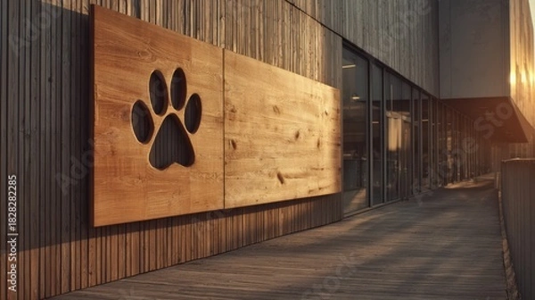 Obraz Wooden paw print sign at modern building entrance during sunset