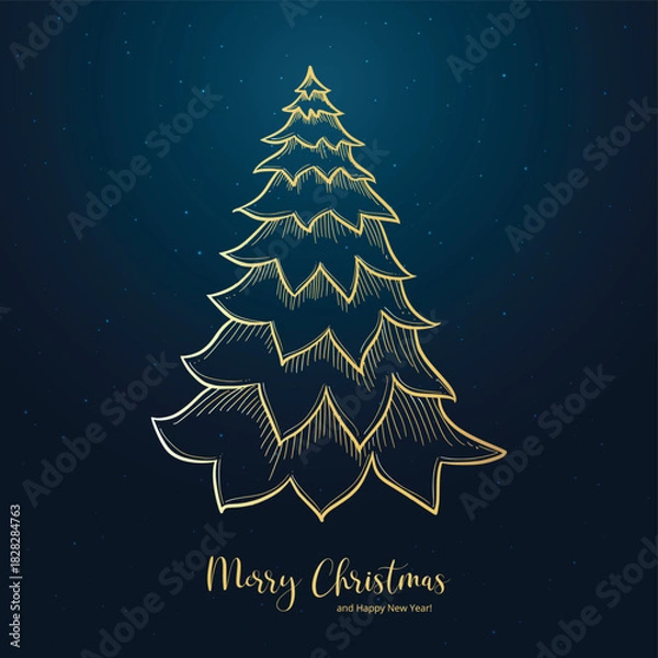 Fototapeta Hand draw golden christmas tree card background