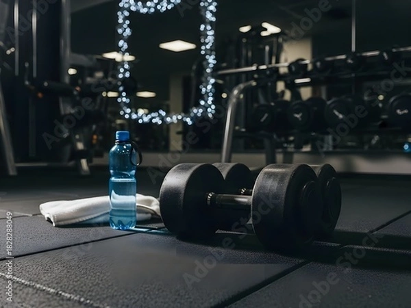 Obraz Dumbbells, Water Bottle, and Towel on Gym Floor with Lights