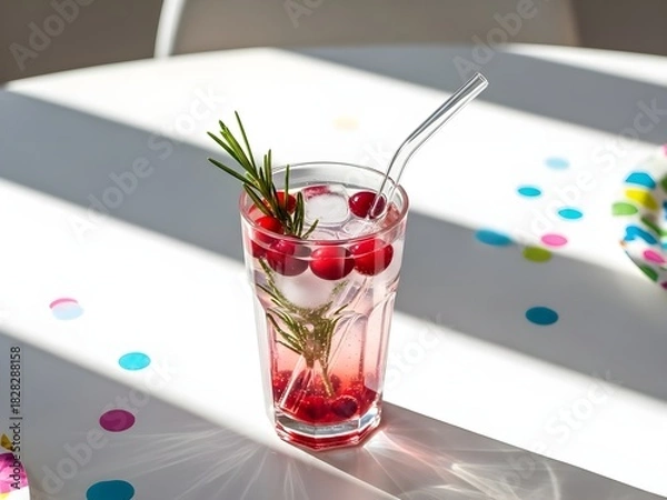 Obraz Refreshing cranberry cocktail with rosemary and a glass straw.