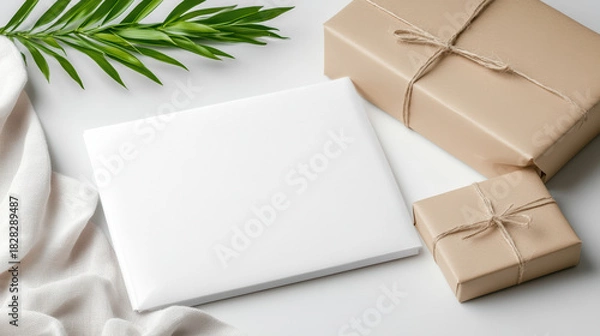 Obraz White parcel mailer mockup on minimalist table with wrapped kraft gifts and green leaf