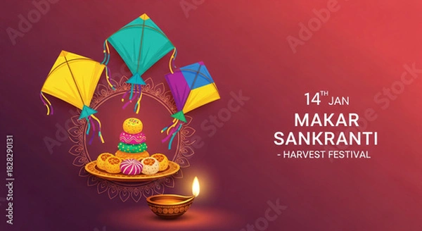 Fototapeta Celebrate makar sankranti with colorful kites, sweets, and a diya for a joyful harvest festival