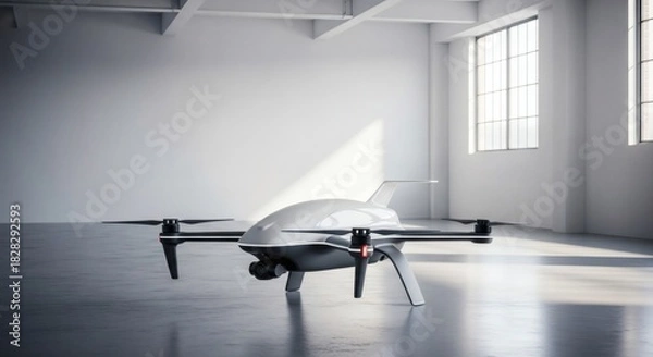 Fototapeta Modern white drone on the floor of a bright white studio with sunlight shining through the windows, unmanned aerial vehicle