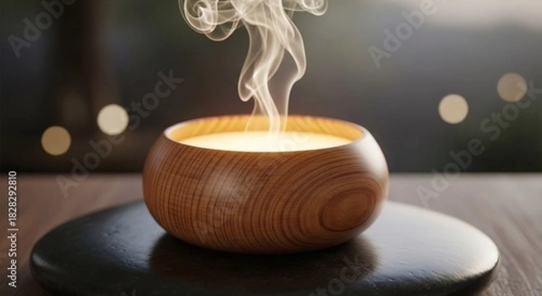 Fototapeta Aromatic candle in a wooden bowl on a black stone, releasing fragrant smoke, creating a calming and peaceful atmosphere