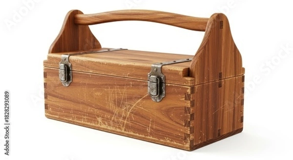 Obraz Wooden toolbox with metal latches and handle on a white background