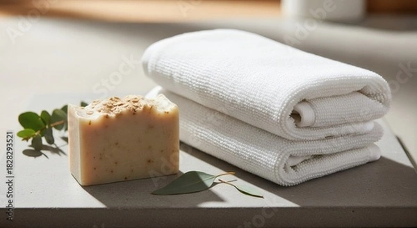 Fototapeta Closeup of a bar of natural soap with herbs and a stack of white towels on a gray surface in a bright bathroom