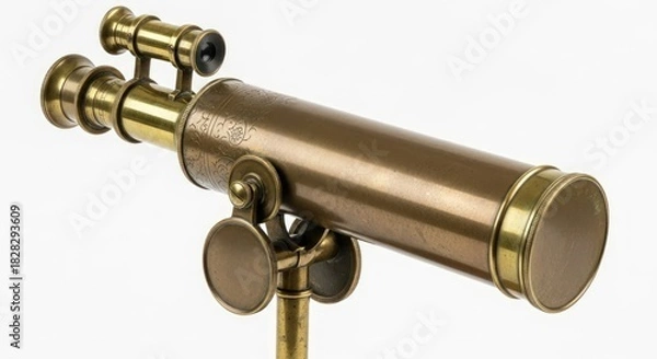 Fototapeta Close-up of an antique brass telescope on a stand against a white background