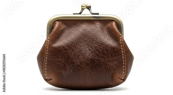 Obraz Brown leather purse with gold clasp on white background
