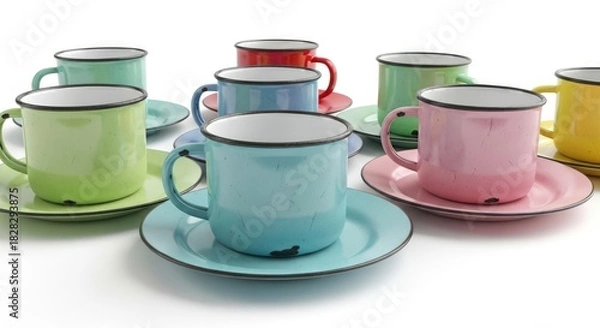 Obraz Colorful enamel coffee cups and saucers arranged on a white background