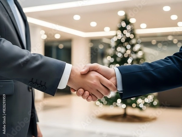 Obraz Business Handshake Agreement in a Holiday Office Lobby