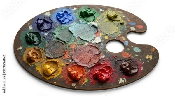 Obraz Close-up of a worn, oval-shaped painter's palette with colorful paint blobs on a white