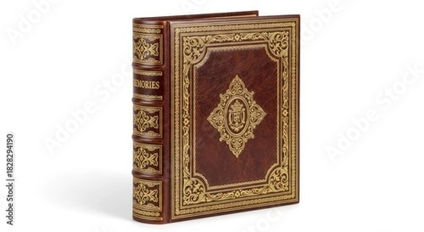 Fototapeta Closed leather-bound book with gold embossing on a white background