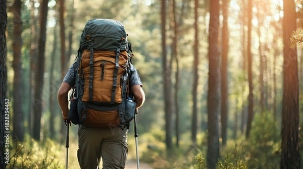 Obraz A backpacker trekking through dense forest with a large backpack and trekking poles, immersed in nature.