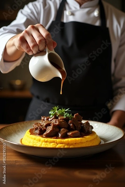Obraz Chef Drizzling Sauce Over Gourmet Dish with Polenta and Meat.