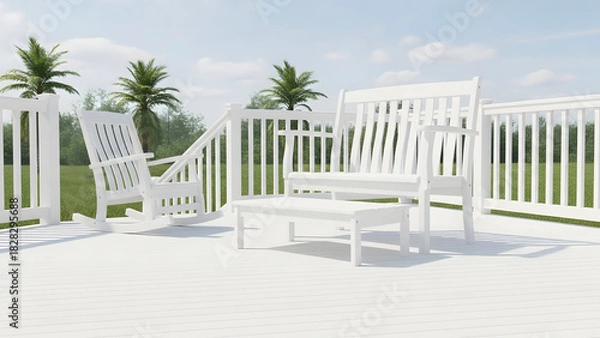 Obraz Relax on a white deck with tropical views from comfortable rocking chairs and a bench, perfect for a summer getaway or peaceful outdoor retreat.
