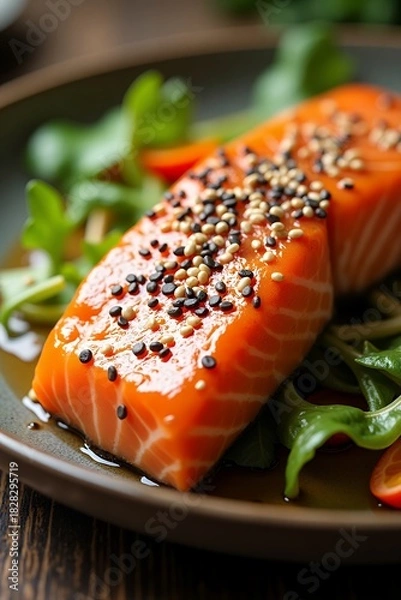 Fototapeta Delicious Glazed Salmon with Sesame Seeds on Greens.