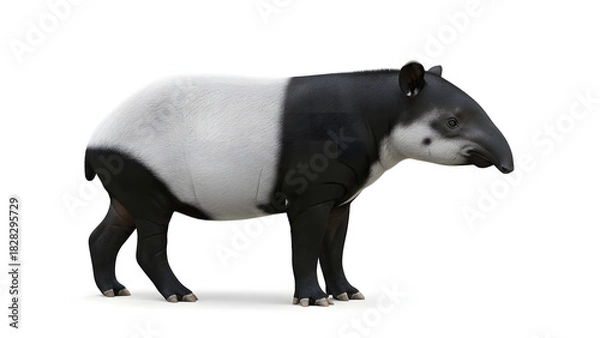 Fototapeta Majestic Malayan Tapir Posing Proudly on White Backdrop for Educational Wildlife Content or Conservation Awareness Campaigns with Striking Contrasts
