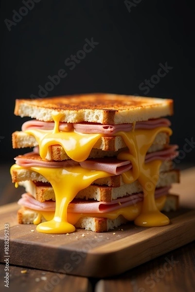 Fototapeta Delicious Ham and Cheese Sandwich Stack with Melted Cheese.