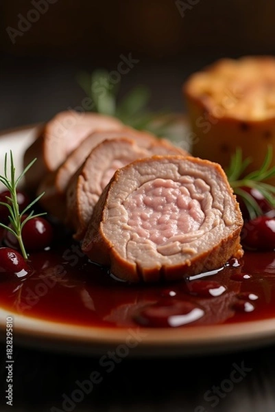 Obraz Delicious Pork Tenderloin with Cherry Sauce and Rosemary Garnish.