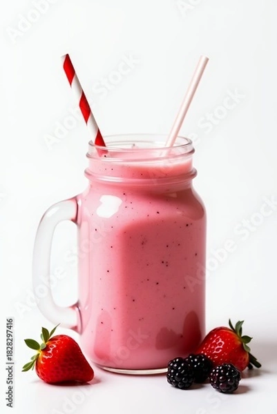 Obraz Refreshing Berry Smoothie in Mason Jar with Straws.