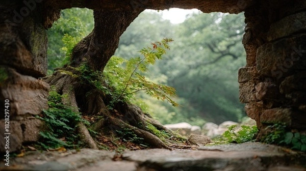 Fototapeta Ancient stone ruin frame revealing a weathered tree with sprawling roots and lush green forest foliage in the background