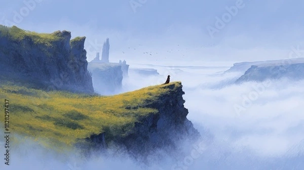 Fototapeta A solitary figure in a cloak stands on a grassy cliff edge overlooking a misty valley with rock formations