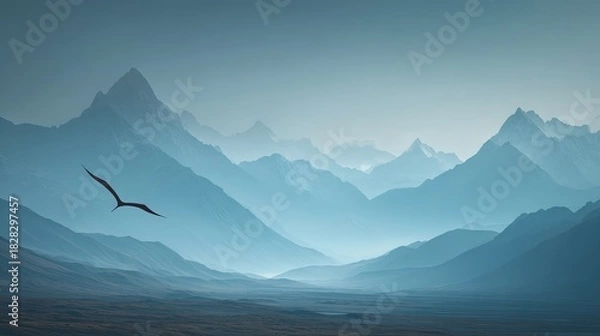 Fototapeta Silhouette of a bird flying through a vast misty mountain range under a pale sky showcasing layered peaks and valleys