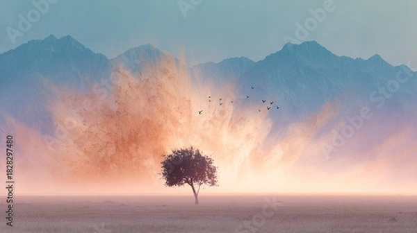 Fototapeta Lone tree stands in a misty barren landscape with a dramatic mountain range and a flock of birds flying against a vibrant cloudy sky