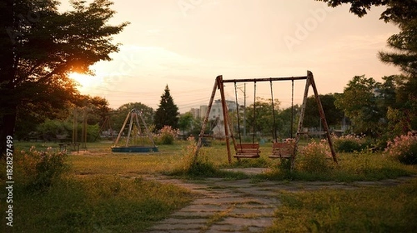 Fototapeta A weathered swing set and merry go round in an overgrown park at sunset with soft golden light filtering through trees